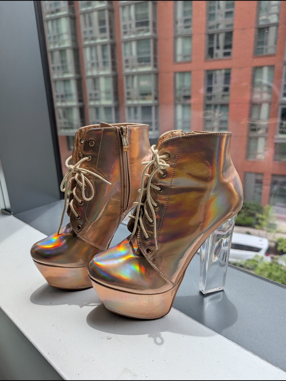 Iridescent Platform Ankle Boots with Clear Heel - Women